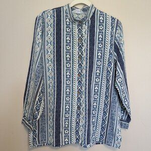 VINTAGE Blair 70s 80s blue and white stripe blouse mandarin collar EUC